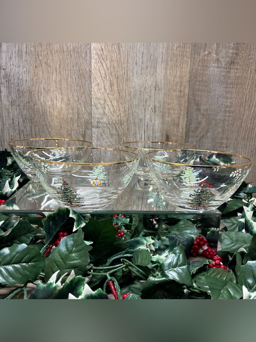 Vintage Spode Christmas Tree Glass Gold Rim Salad Bowls Set Of 4